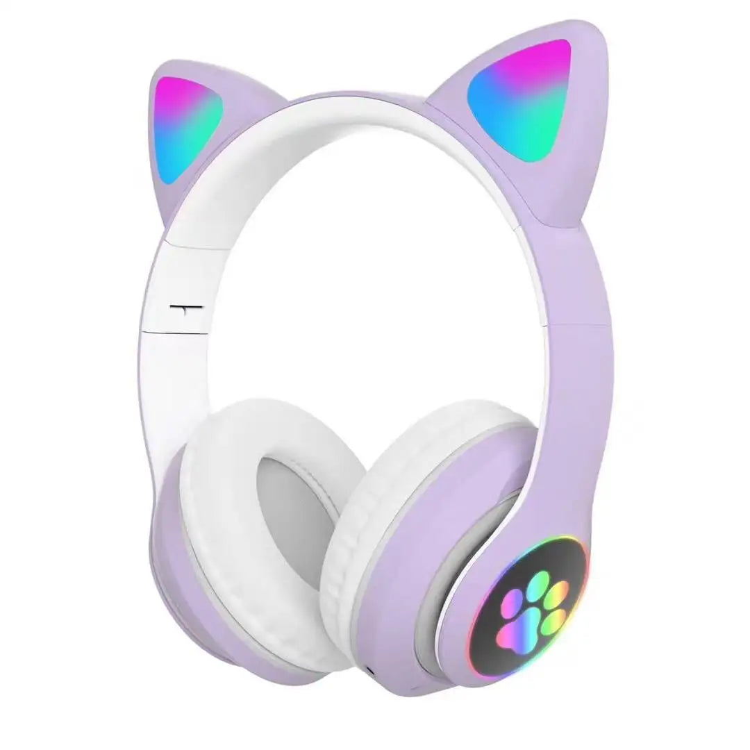 Flash Lamp Cute Cat Ears Headphone Bluetooth5.0 Stereo with Mic Support TF Card Wireless Kids Girl Earphone Birthday Gift