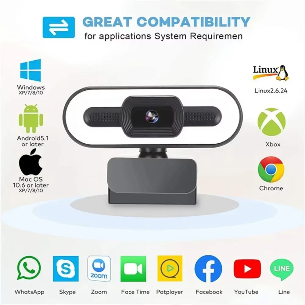 Portable Full HD 1080P 2K 4K Webcam PC Laptop Auto Focus Webcam Live Streaming Flexible with Microphone Live Broadcast Withlight