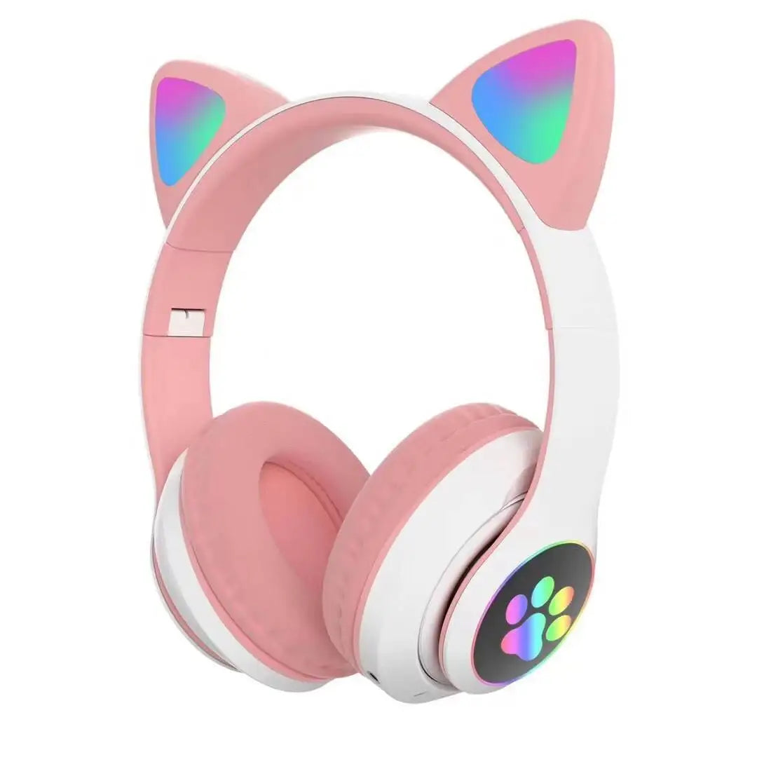 Flash Lamp Cute Cat Ears Headphone Bluetooth5.0 Stereo with Mic Support TF Card Wireless Kids Girl Earphone Birthday Gift