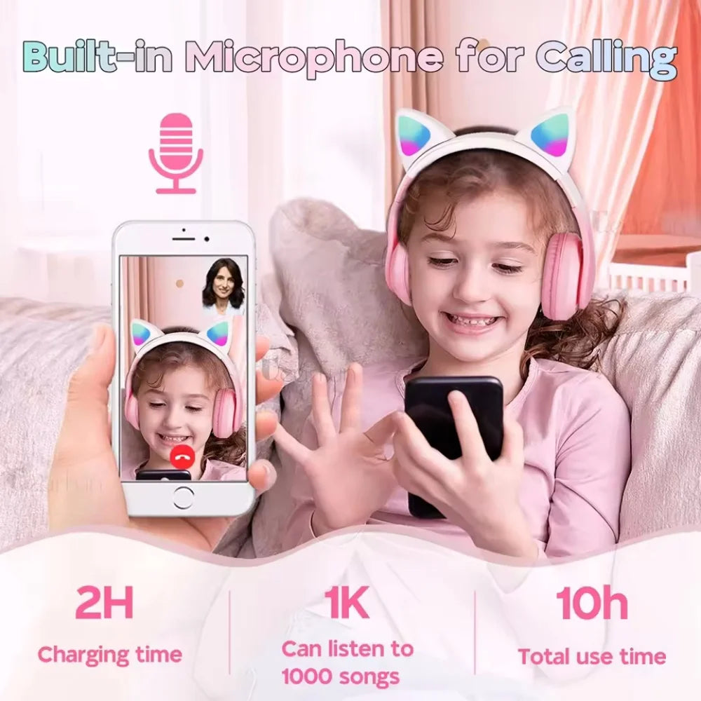 Flash Lamp Cute Cat Ears Headphone Bluetooth5.0 Stereo with Mic Support TF Card Wireless Kids Girl Earphone Birthday Gift