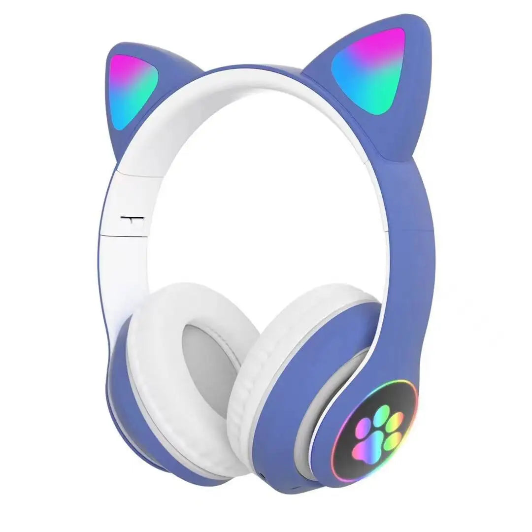 Flash Lamp Cute Cat Ears Headphone Bluetooth5.0 Stereo with Mic Support TF Card Wireless Kids Girl Earphone Birthday Gift