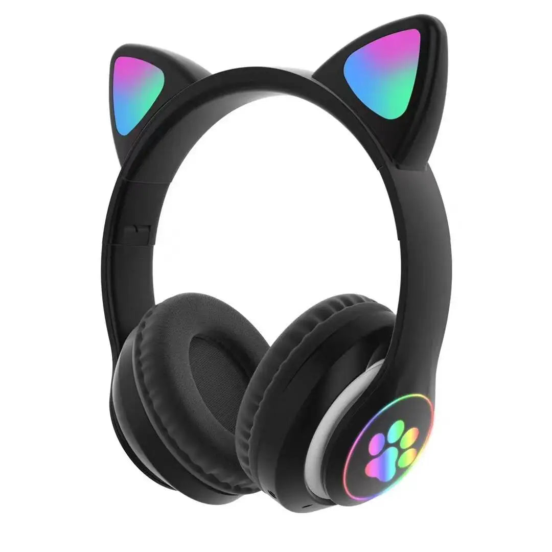 Flash Lamp Cute Cat Ears Headphone Bluetooth5.0 Stereo with Mic Support TF Card Wireless Kids Girl Earphone Birthday Gift