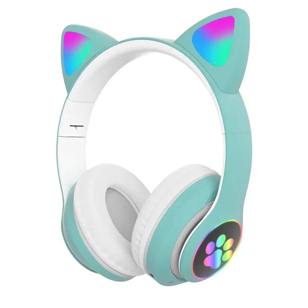 Flash Lamp Cute Cat Ears Headphone Bluetooth5.0 Stereo with Mic Support TF Card Wireless Kids Girl Earphone Birthday Gift