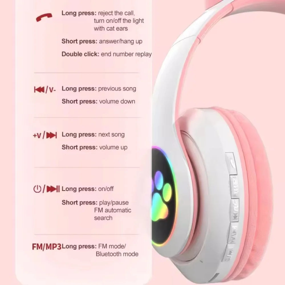 Flash Lamp Cute Cat Ears Headphone Bluetooth5.0 Stereo with Mic Support TF Card Wireless Kids Girl Earphone Birthday Gift