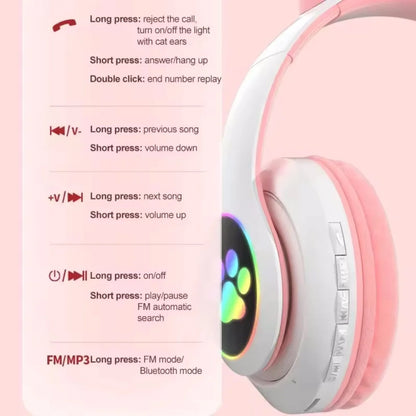 Flash Lamp Cute Cat Ears Headphone Bluetooth5.0 Stereo with Mic Support TF Card Wireless Kids Girl Earphone Birthday Gift