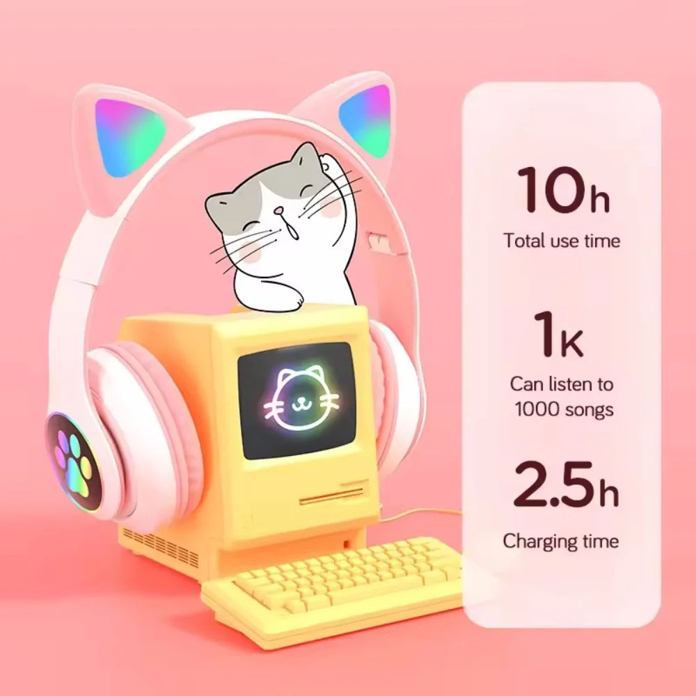Flash Lamp Cute Cat Ears Headphone Bluetooth5.0 Stereo with Mic Support TF Card Wireless Kids Girl Earphone Birthday Gift